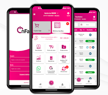 Telas do aplicativo OnFarm: login, painel inicial e lista de resultados